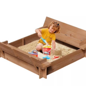 Wooden Kids Sandbox with Lid, Outdoor Sand Playset for Toddlers (Ages 1-3) Featuring 2 Bench Seats and Bottom Liner